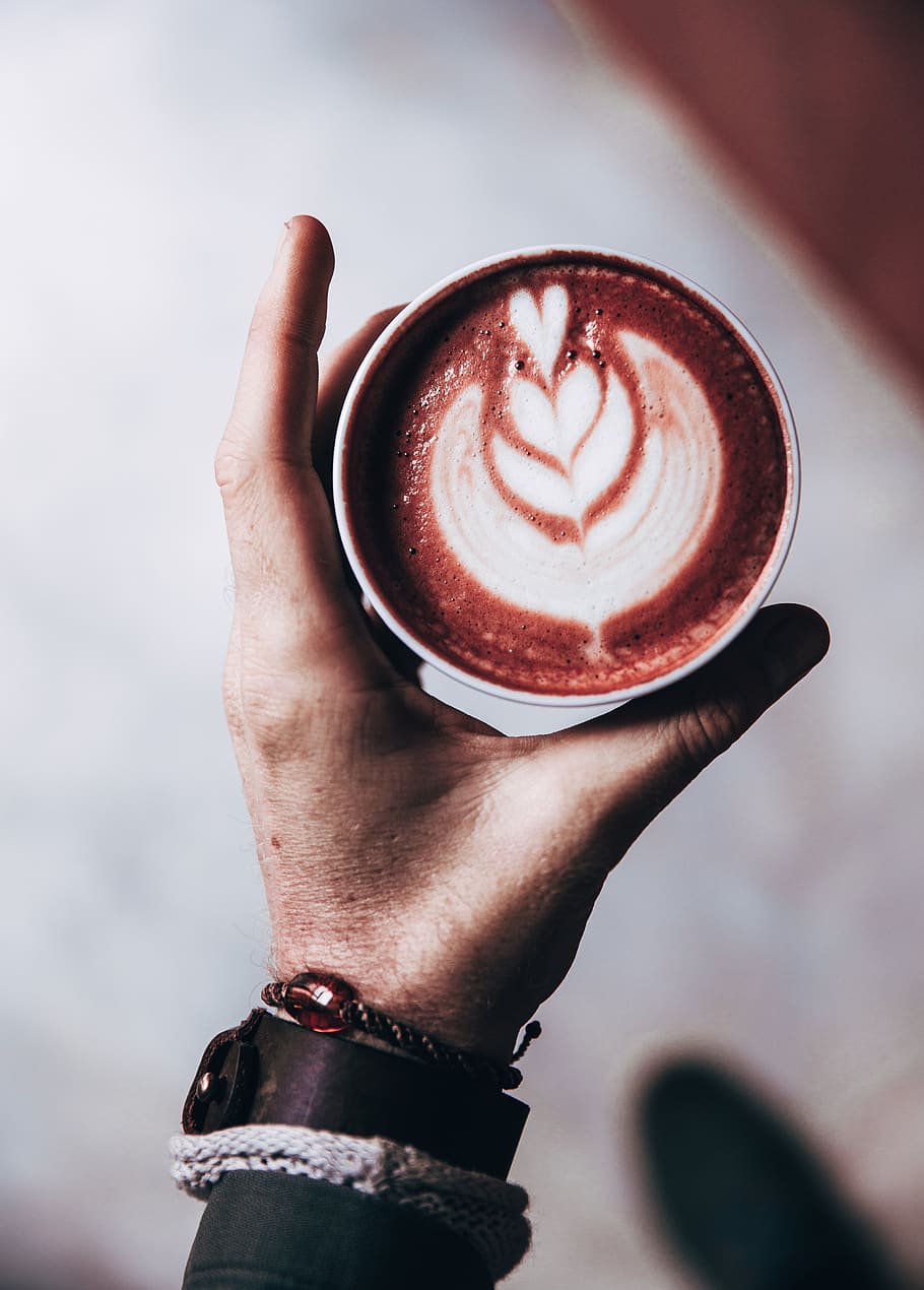 latte, art, hand, close up, drink, beverage, hot drink, cappuccino, coffee, espresso