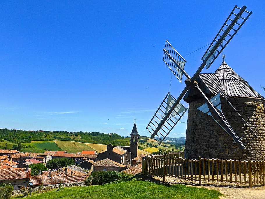 moinho de vento, rurais, vila, zona rural, moinho, tradicional, vintage, cena, europa, velho