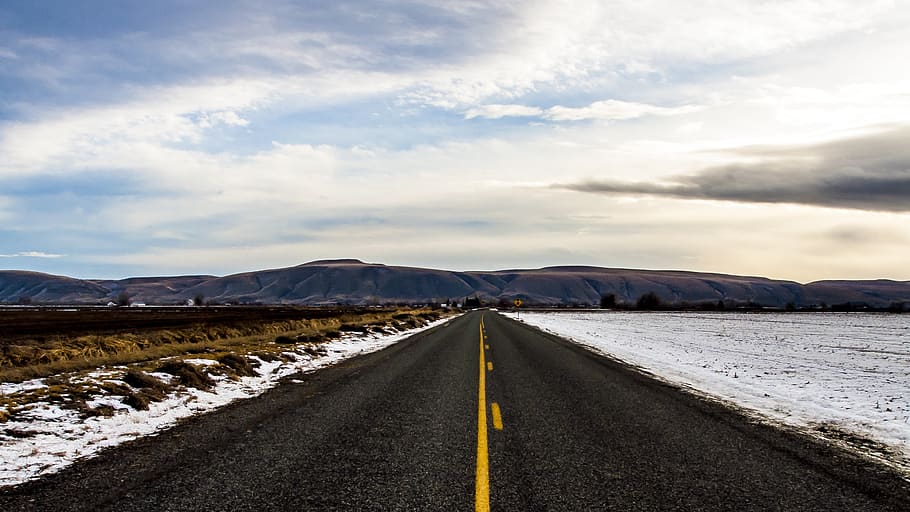 rural, road, countryside, snow, winter, mountains, landscape, sky, clouds, outdoors