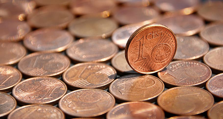 1 cent coin balancing, coins, coin, cent, money, means of payment, copper, euro, specie, euro cents