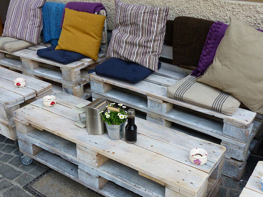 gray, wooden, pallet, themed, bench, pads, table, cafe, rustic, outdoor