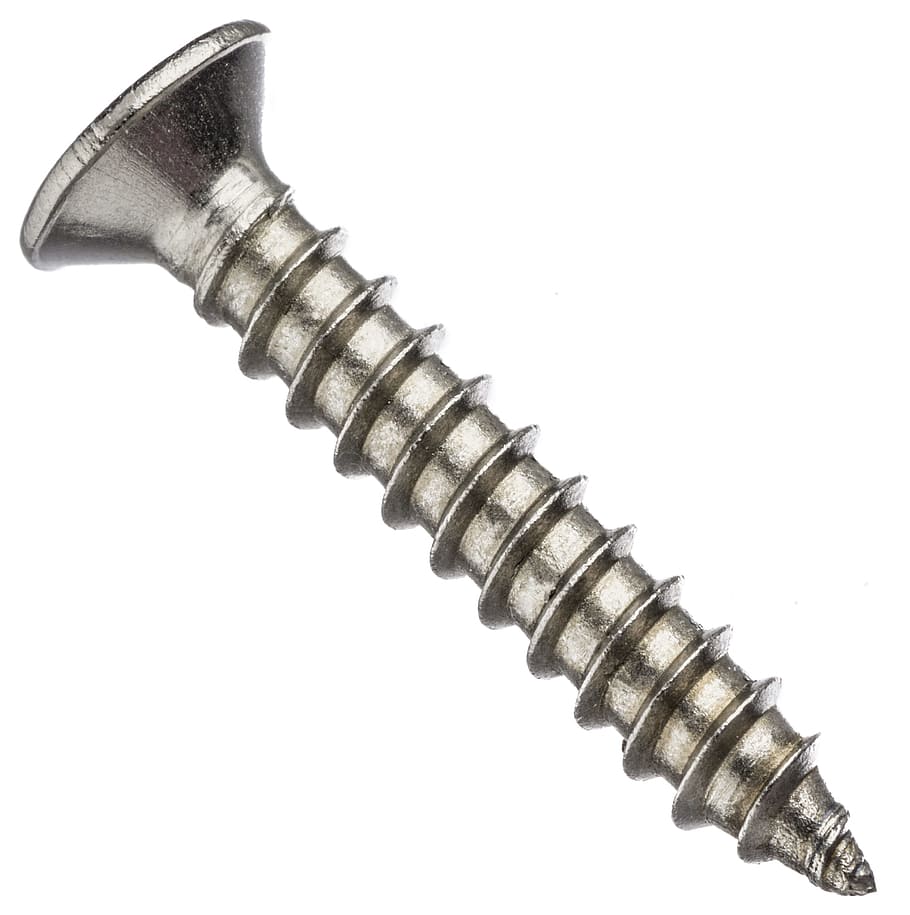screw, nail, hardware, metal parts, parts, white background, indoors, single object, studio shot, metal