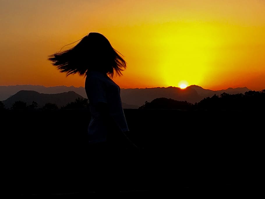 sunset, beauty, mountain, silhouette, sky, orange color, one person, real people, beauty in nature, standing