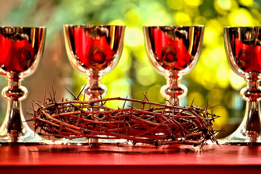 chalices, cups, communion, communion cup, crown, background, branches, bread, day, eucharist
