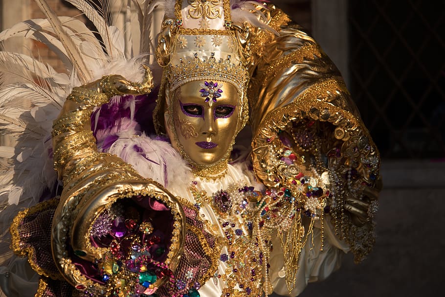 Veneza, carnaval, máscara, ouro, ornamento, traje, brilho, mascarada, dourado, dentro de casa
