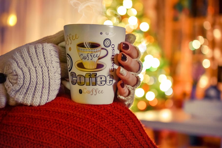 woman, holding, white, ceramic, coffee mug, coffe, winter, cold, hot, drink