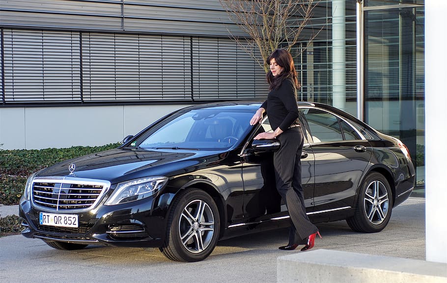 woman, black, mercedes-benz sedan, building, Businesswoman, Mercedes, Shiny, design, auto, elegant
