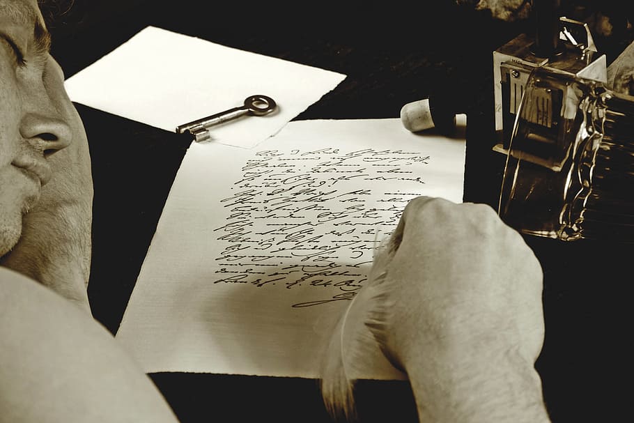 man, writing, white, lined, paper, leave, poet, poetic, feather, pen