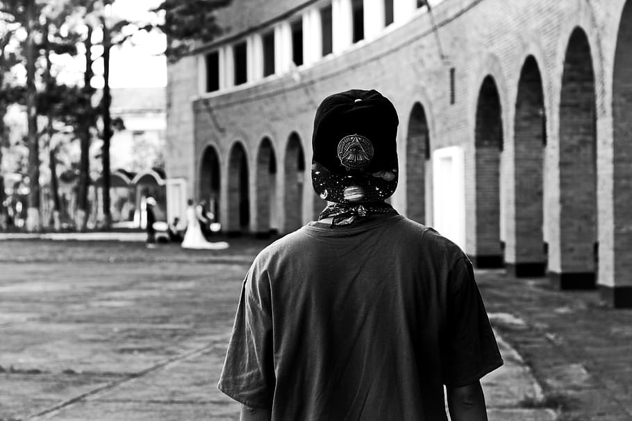 grayscale photography, person, wearing, cap, standing, structure, black and white, nigga, alone, hiphop