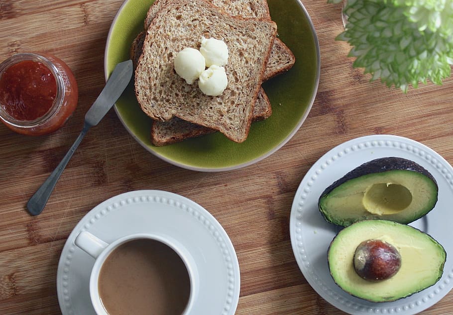 avocado, plate, sliced, breads, breakfast, butter, sprouted bread, toast, sweet, drink