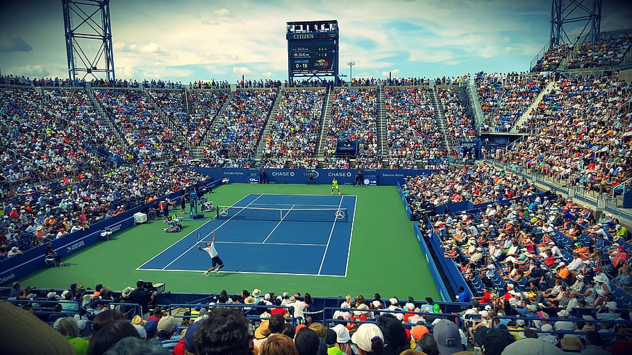 portrait photography, tennis stadium, athletes, audience, competition, court, crowd, fans, game, group