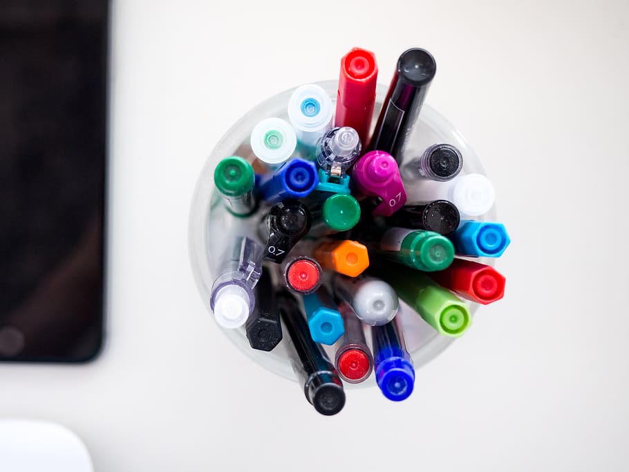 colorido, caneta, marcador, arte, desenho, escola, escritório, suprimentos, branco, mesa