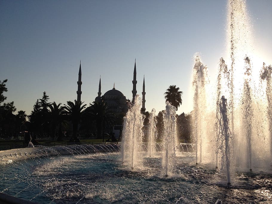 hagia sophia, istanbul, turkey, travel, city, mosque, water, fountain, sunset, sky