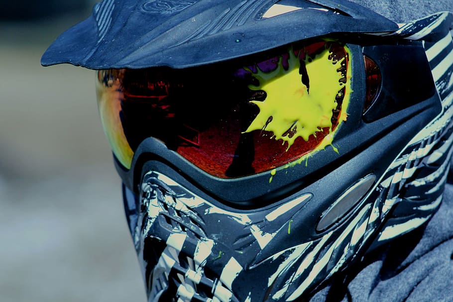 person, wearing, black, white, motocross helmet, paintball, sport, equipment, mask, paint