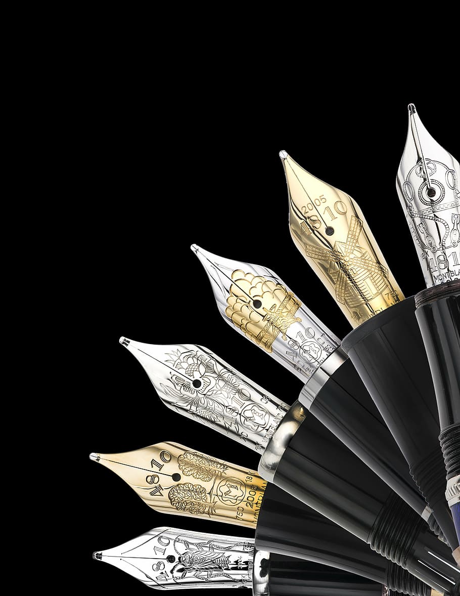 five, assorted-color fountain pens, dark, background, pen, montblanc, writing, paper currency, finance, black background