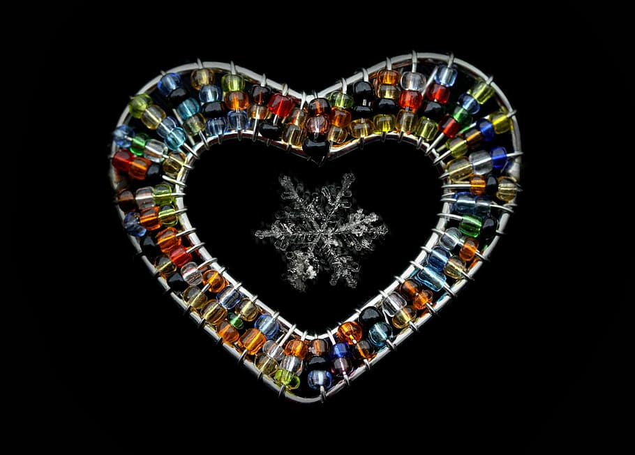 snowflake, macro, heart, gem, natural, studio shot, black background, indoors, multi colored, heart shape