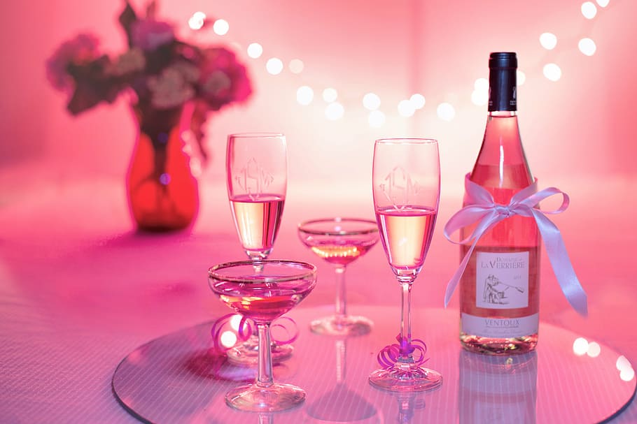 claro, garrafa de vidro, taças de vinho, vinho rosa, champanhe, celebração, rosa, dia dos namorados, casamento, festa