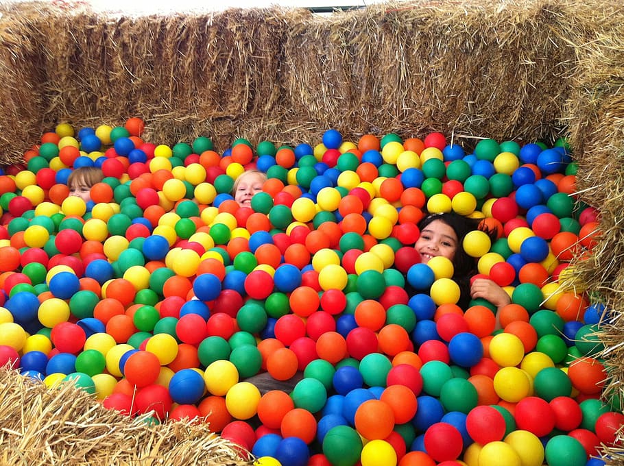 three, children, ball pit, balls, colorful, fun, kids, happy, happiness, young