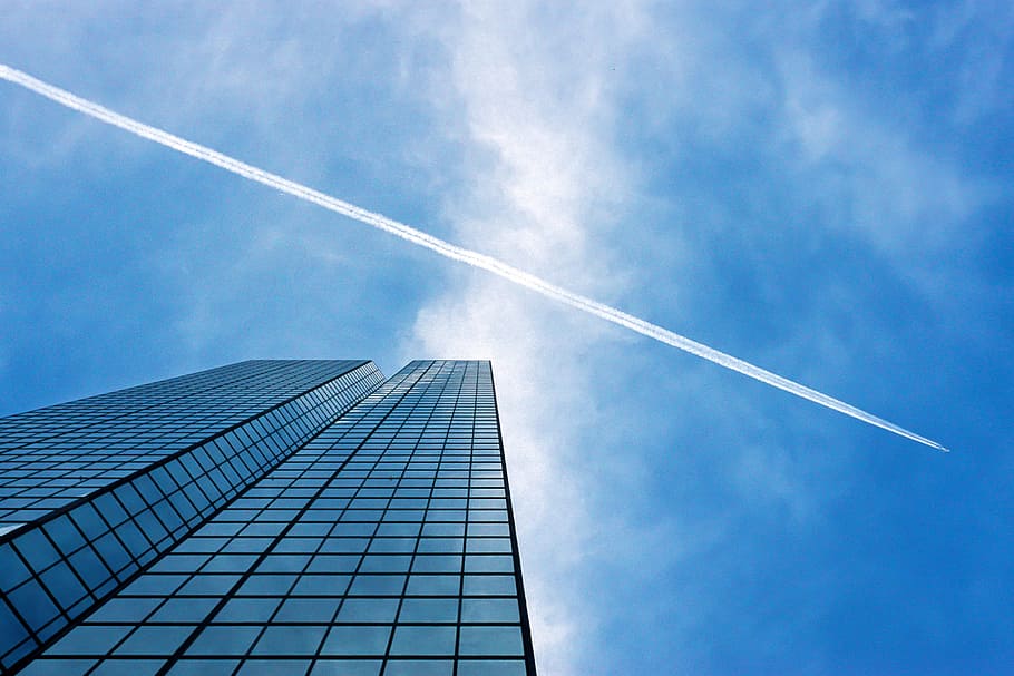 青, 空, 雲, 建物, 窓, ビジネス, 企業, 建築, 都市, 飛行機