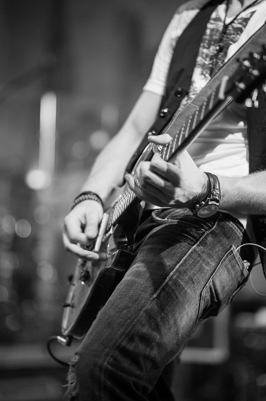 grayscale photo, person, holding, guitar, electric guitar, live, l, music, instrument, musical instrument