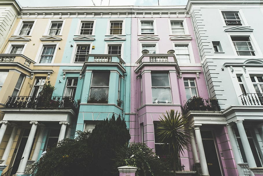 arquitectónico, fotografía, edificios, verde azulado, amarillo, blanco, rosado, alto, subida, edificio