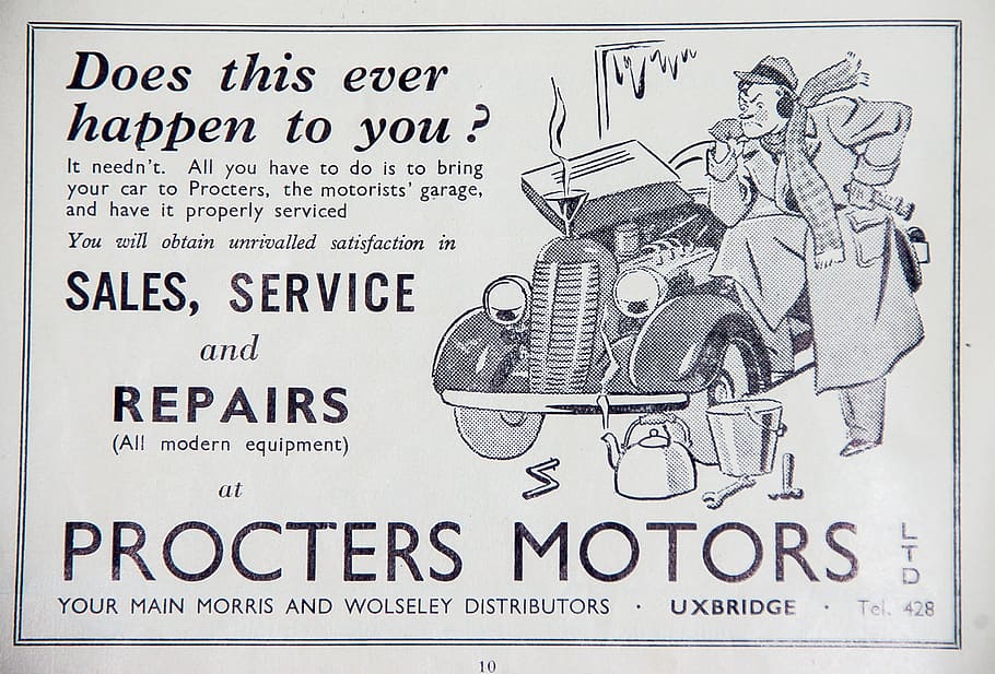 Advert, Car, Repair, Cartoon, Retro, car, repair, historic, 1939, raf, england
