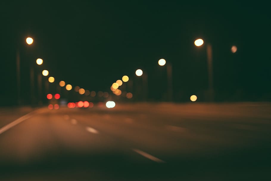 road, highway, night, dark, evening, lights, blurry, street, illuminated, city
