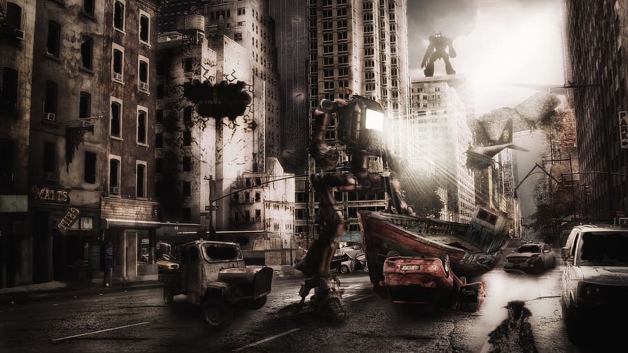 destruction, dark, cyborg, end-of-the-world, future, transportation, mode of transportation, city, architecture, building exterior