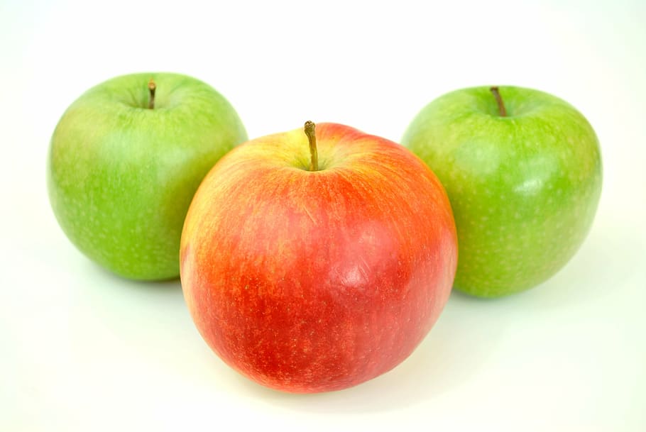 uno, rojo, dos, verde, manzanas Granny Smith, manzanas agradables, comer alimentos sanos y saludables, fruta, comida, manzana - Fruta