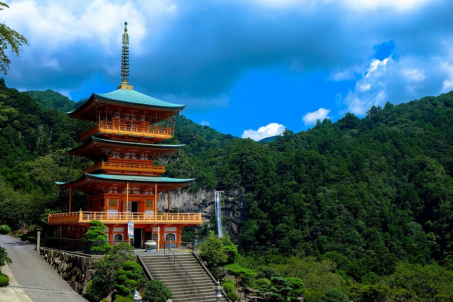 red, green, building, mountain, clouds, japan, japanese, nature, orange, temple