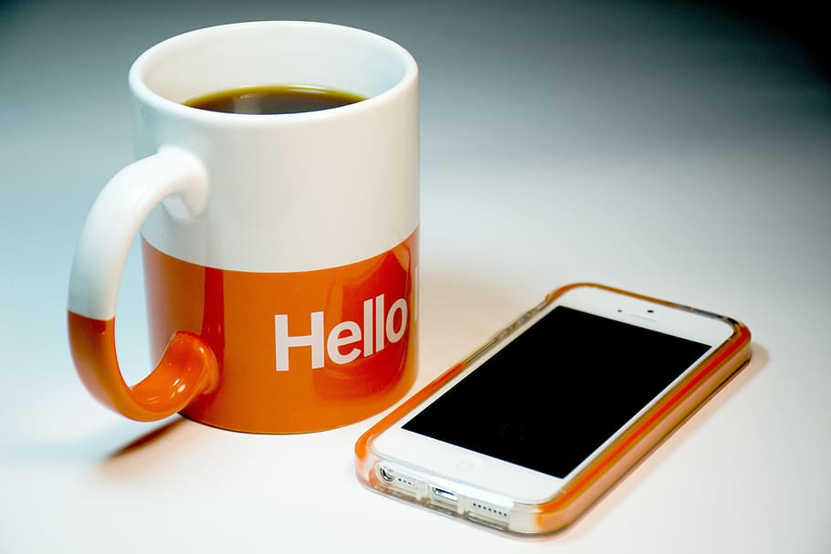 화이트, 아이폰 5, 주황색, 케이스, 안녕하세요, 세라믹, 커피 잔, 아이폰, 스마트 폰, 전화