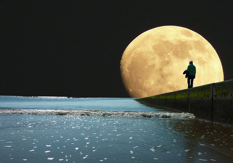 silhouette person, staring, full, moon, sea, evening, night, sky, water, lake