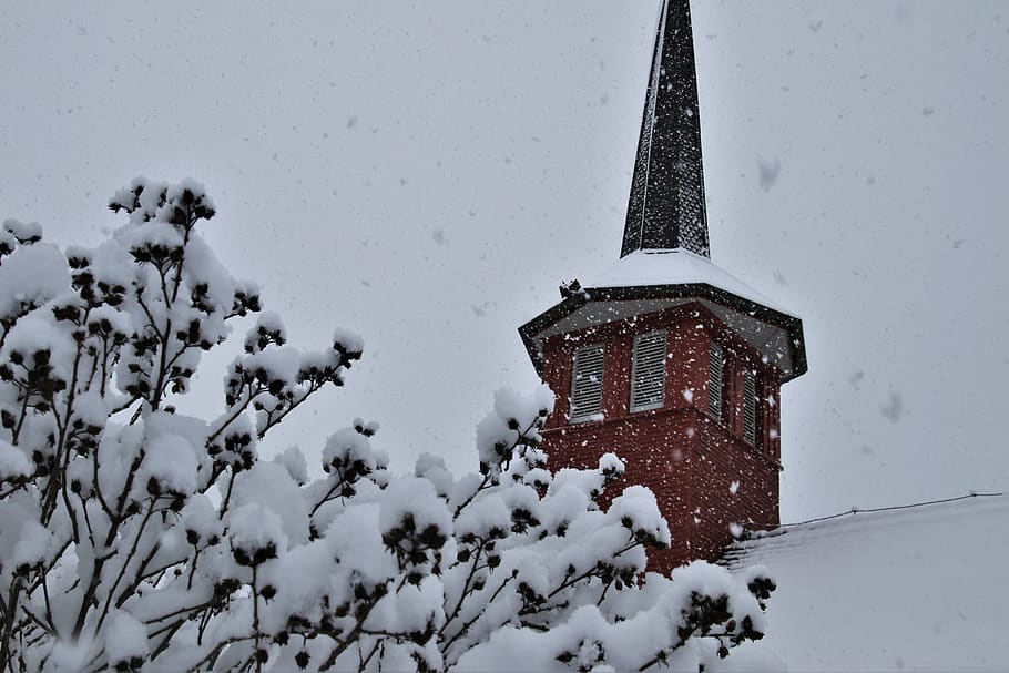 church, snow, mood, village, god, tower, twilight, icy, winter, cold