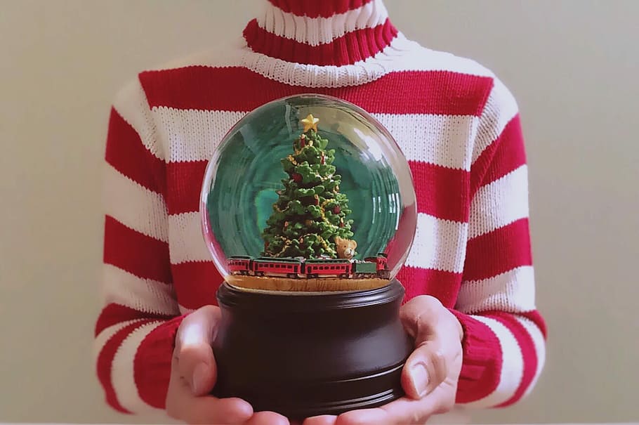 person, holding, water globe, Christmas tree, water, globe, holiday, snow globe, christmas, xmas