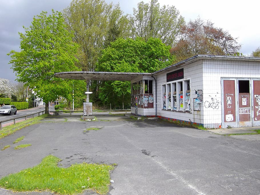 monument, gas stations, historic preservation, abandoned, old, lingen ems, tree, architecture, built structure, plant