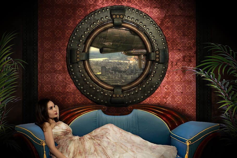 steampunk, girl, portrait, woman, composing, airship, zeppelin, dress, sofa, retro