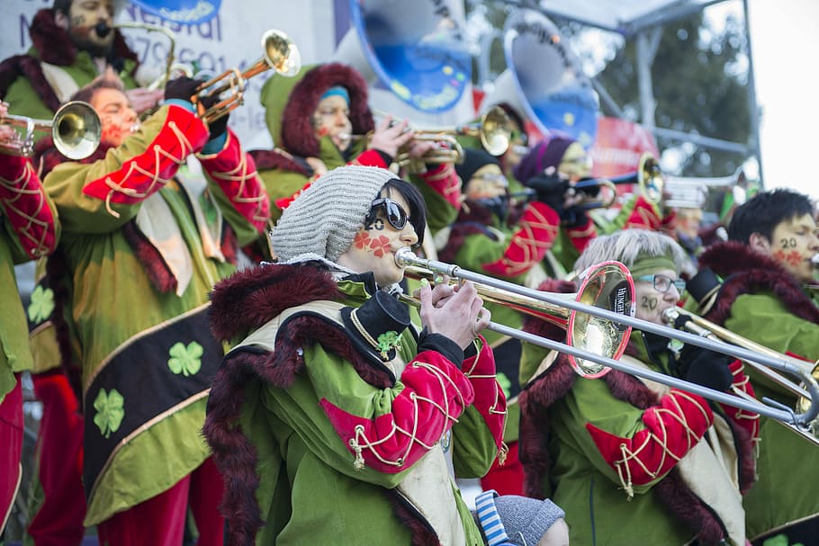 música, carnaval, instrumentos, trombone, mulher, colorido, derretido, glarus, grupo de pessoas, celebração