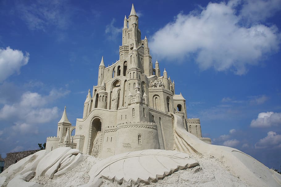 sand castle, blue, white, skies, white skies, castle, sand, sculpture, art, scheemda