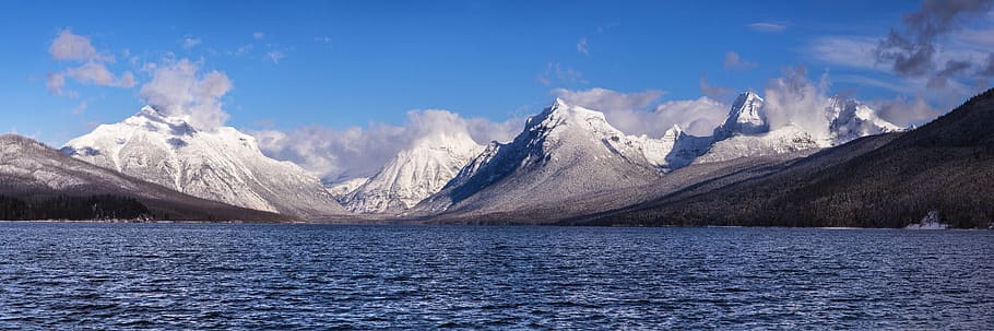 lake mcdonald, panorama, landscape, scenic, mountains, snow, water, wilderness, tranquil, outdoors