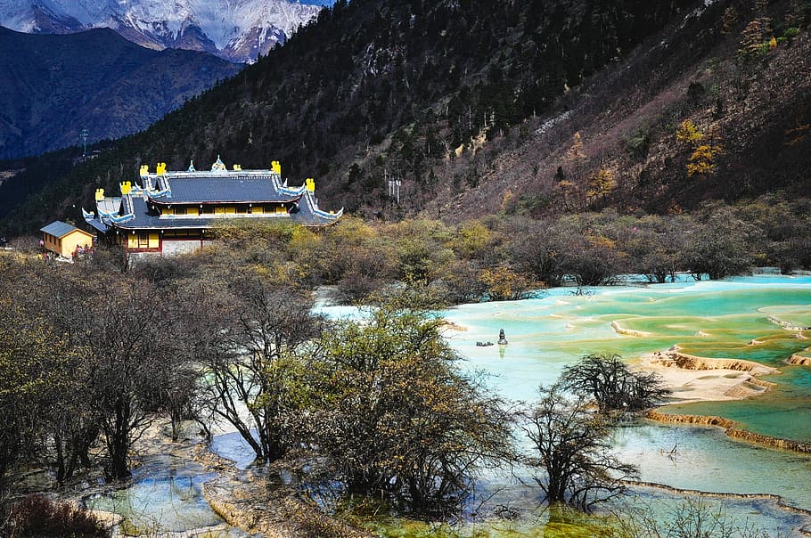 mountains, Temple, Sichuan, China, photos, lake, public domain, trees, mountain, nature
