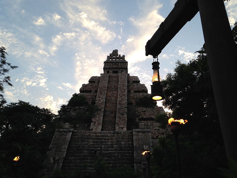 ruins, evening, lamp, torch, civilization, tourist destination, aztec, pyramid, architecture, sky