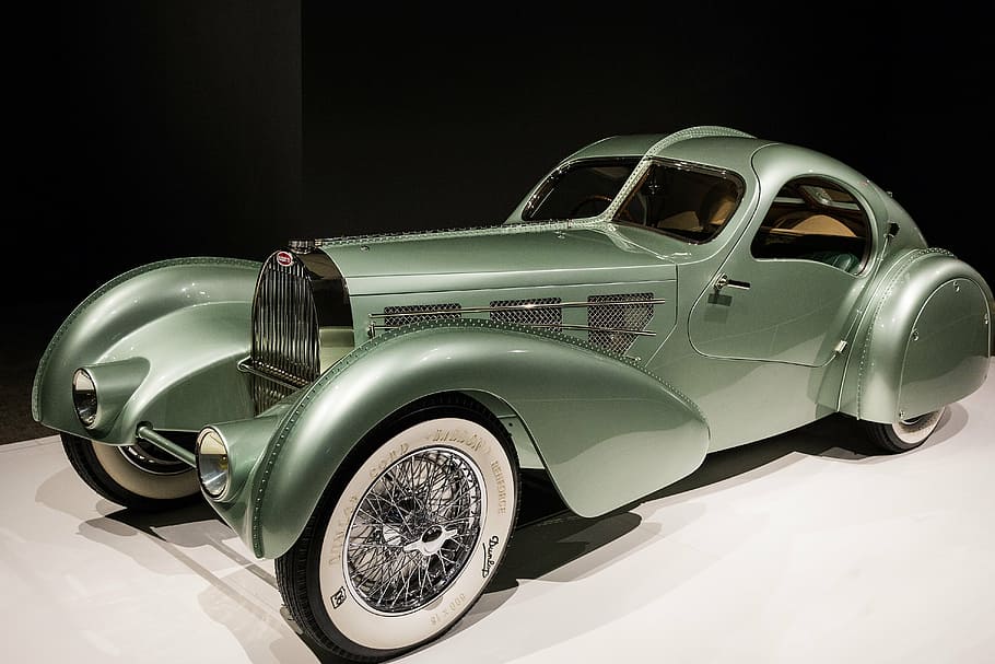 classic green coupe, car, 1935 bugatti type 57s aerolithe, art deco, automobile, luxury, sport, tire, night, outdoors