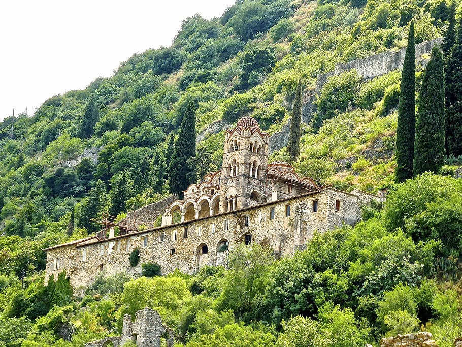 temple, mountainside, greece, monastery, mystra, roman, classic, old, ancient, tree