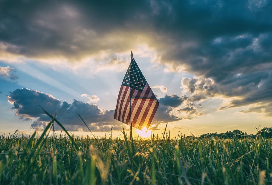 usa flag, midst, green, fields, daytime, agriculture, clouds, countryside, dawn, dusk