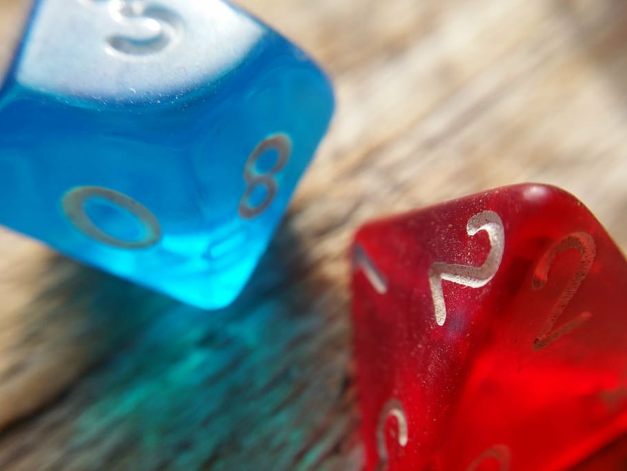 red, blue, dices, dice, dungeons and dragons, game, playing, rpg, d4, d10