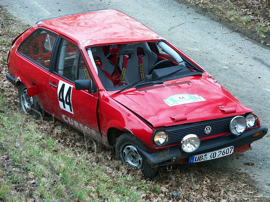 accident, rally, auto, damage, total damage, traffic accident, skip, somersault, red, vw