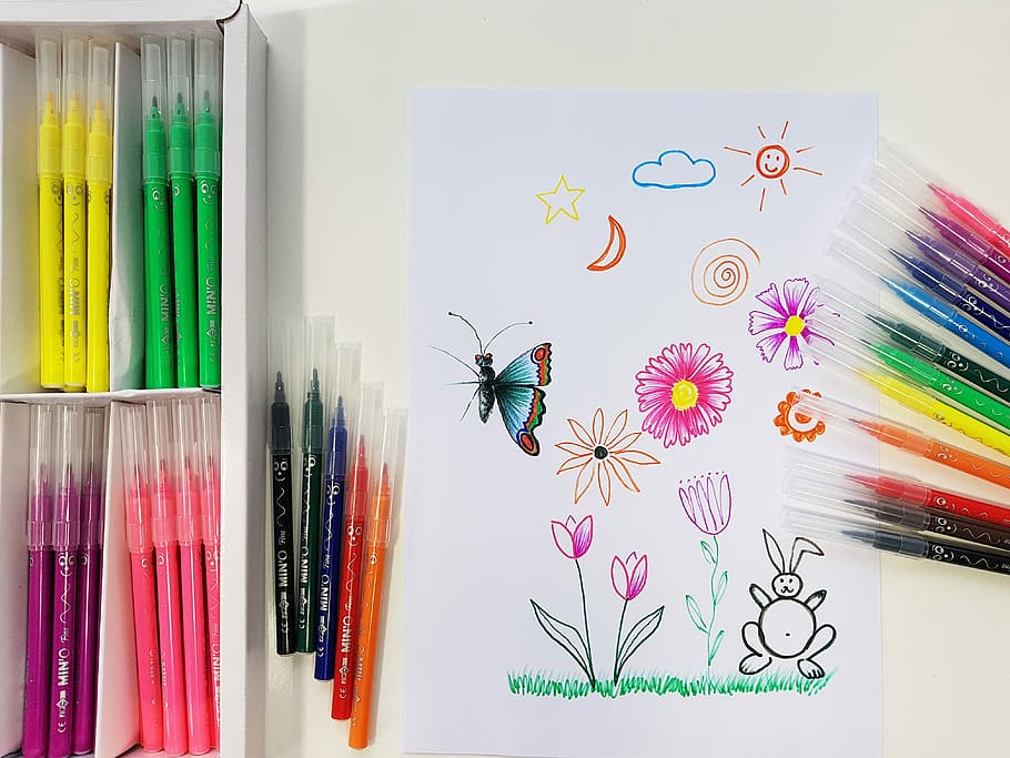 assorted-color pen, felt tip pens, children drawing, drawing, paint, colorful, children picture, painted, creativity, sun