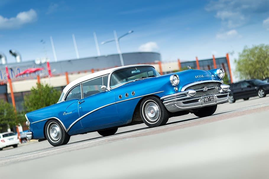 azul, carro, estrada, especial, 1955, velho, clássico, vintage, coletores, retrô Com estilo
