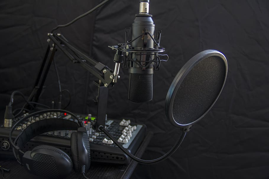 condenser microphone, pop filter, microphone, headphone, headset, radio, audio, studio, equipment, mixer