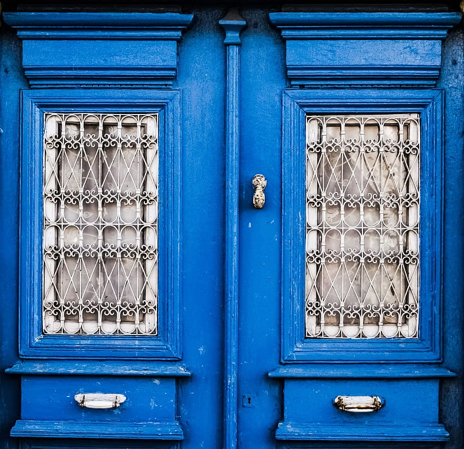 Casa antigua, neoclásica, puerta, azul, de madera, tradicional, arquitectura, chipre, paralimni, madera - Material